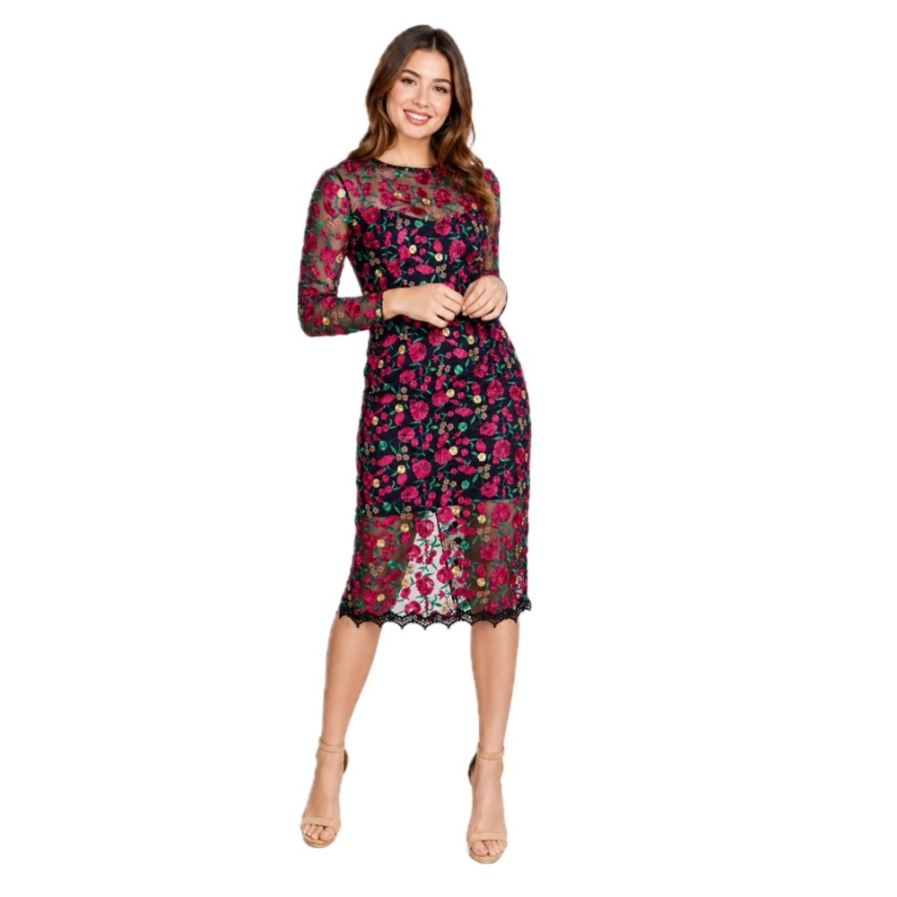 Dress the Population Pink and Black Floral Long Sleeve Dress, Size M